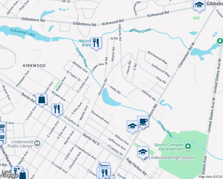 map of restaurants, bars, coffee shops, grocery stores, and more near 73 Holly Road in Gibbsboro