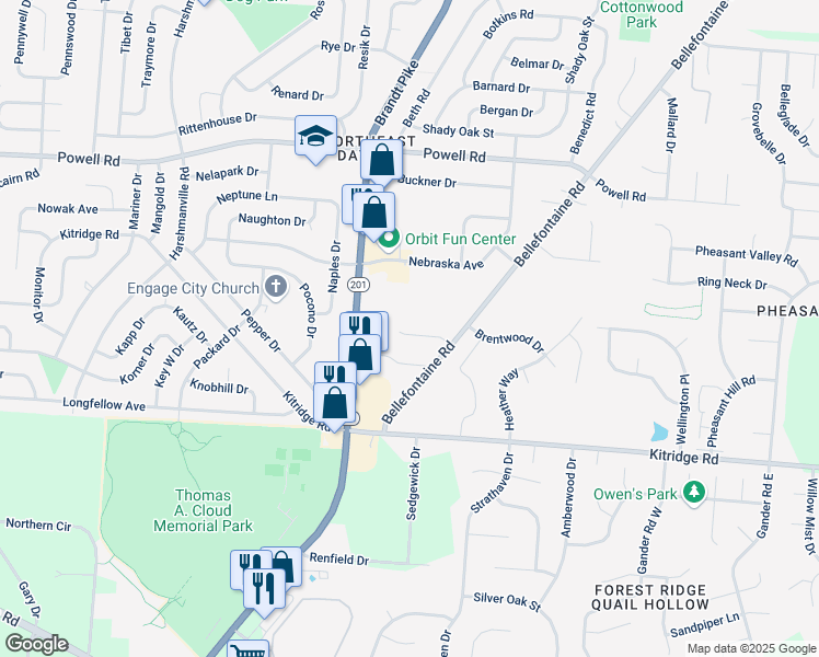 map of restaurants, bars, coffee shops, grocery stores, and more near 4949 Leeper Street in Dayton