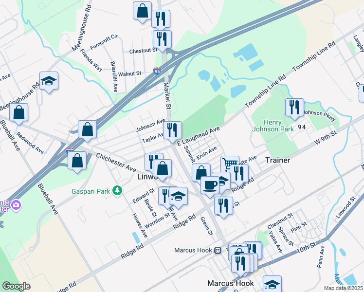 map of restaurants, bars, coffee shops, grocery stores, and more near 1592 Summit Street in Marcus Hook