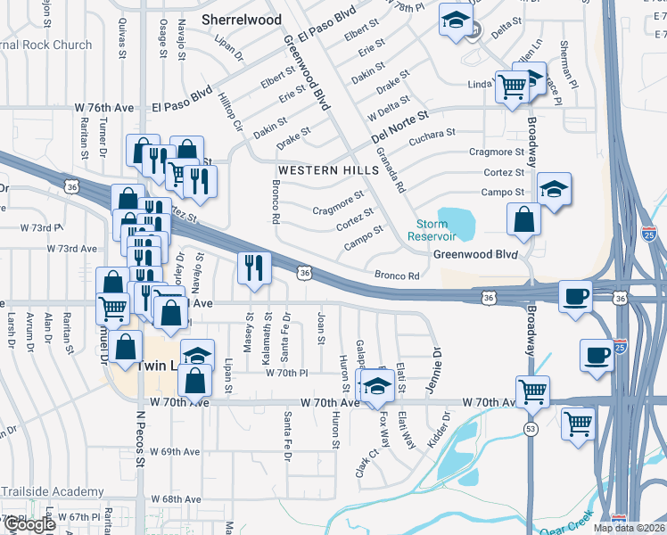 map of restaurants, bars, coffee shops, grocery stores, and more near 7218 Huron Street in Denver
