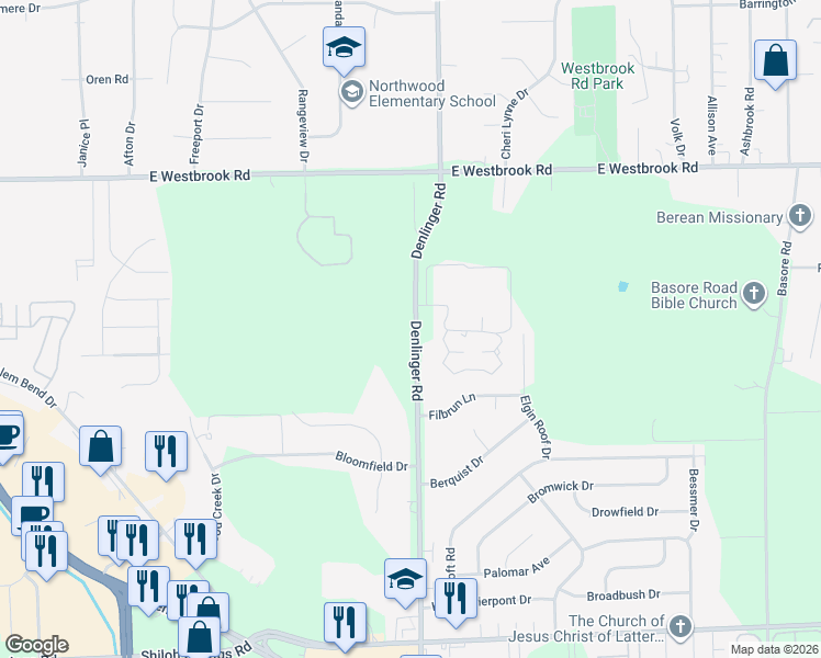 map of restaurants, bars, coffee shops, grocery stores, and more near 5701 Denlinger Road in Dayton
