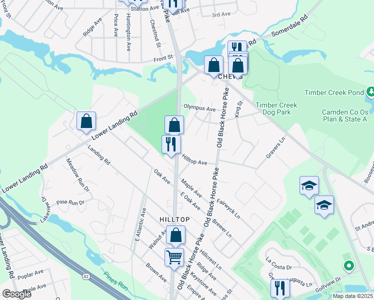 map of restaurants, bars, coffee shops, grocery stores, and more near 15 Hilltop Avenue in Gloucester Township