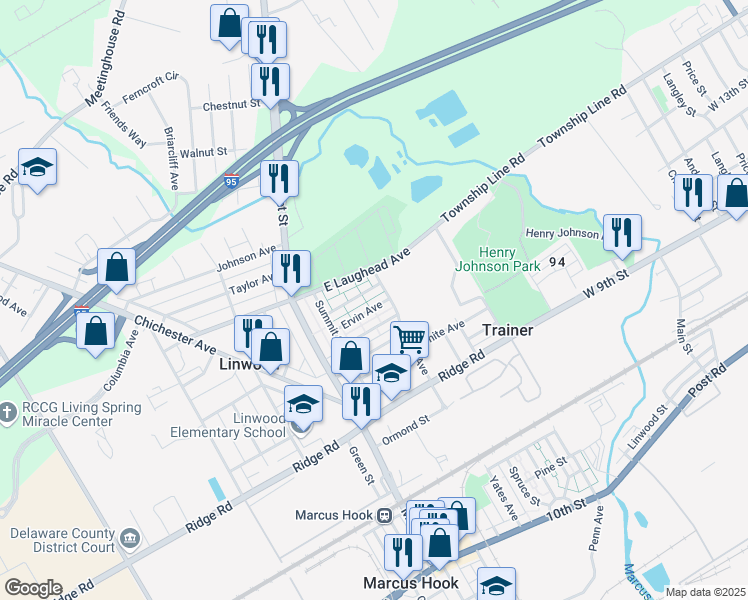 map of restaurants, bars, coffee shops, grocery stores, and more near 156 Ervin Avenue in Marcus Hook