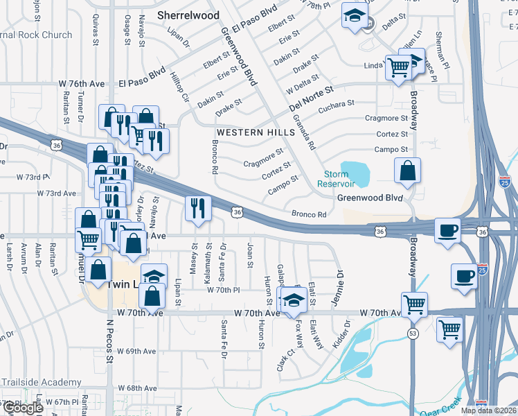 map of restaurants, bars, coffee shops, grocery stores, and more near 7218 Huron Street in Denver