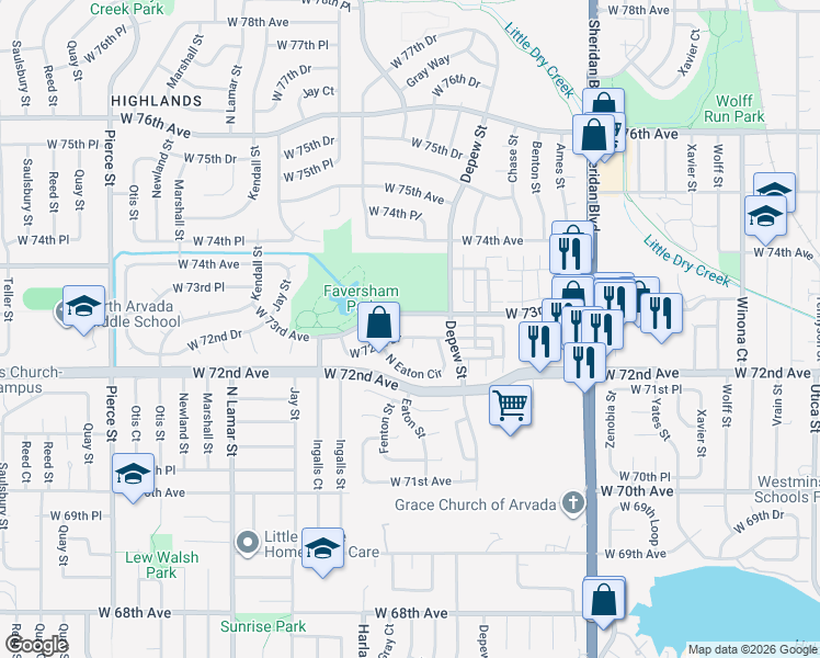 map of restaurants, bars, coffee shops, grocery stores, and more near 5642 West 72nd Drive in Westminster