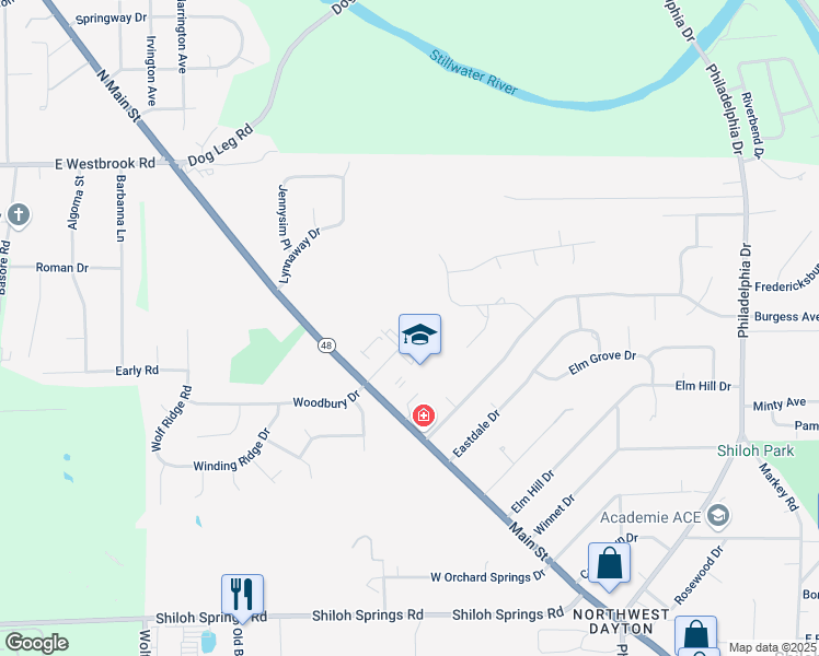 map of restaurants, bars, coffee shops, grocery stores, and more near 77 East Woodbury Drive in Dayton