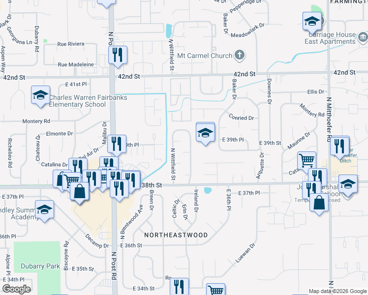 map of restaurants, bars, coffee shops, grocery stores, and more near 9313 Elmtree Court in Indianapolis