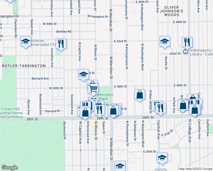 map of restaurants, bars, coffee shops, grocery stores, and more near 3951 North Meridian Street in Indianapolis