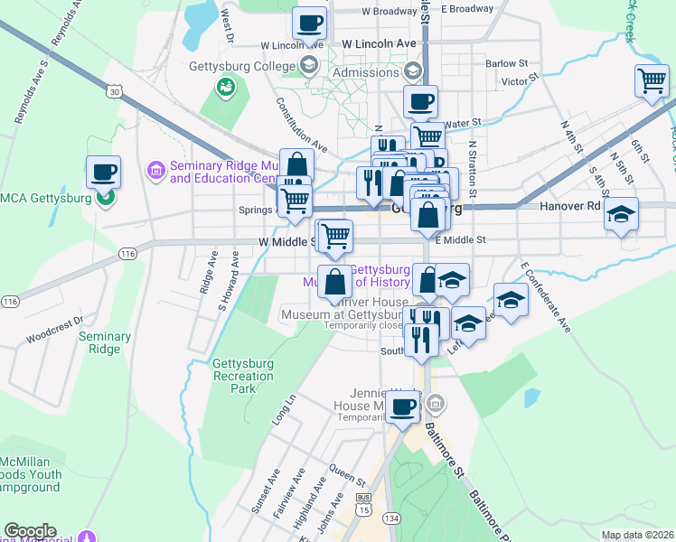 map of restaurants, bars, coffee shops, grocery stores, and more near 2 West High Street in Gettysburg