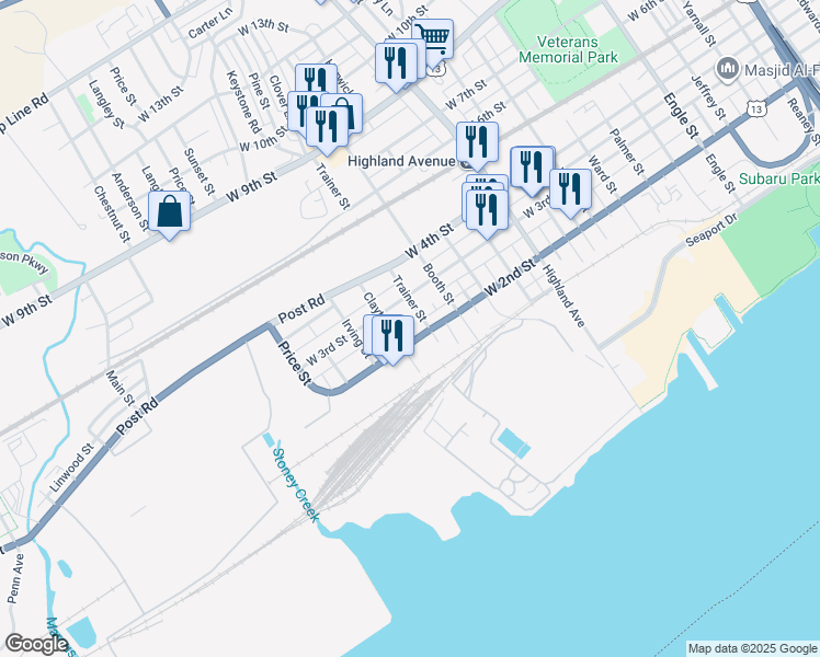 map of restaurants, bars, coffee shops, grocery stores, and more near 201 Clayton Street in Chester