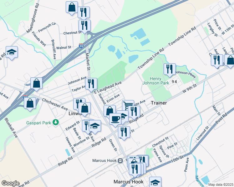 map of restaurants, bars, coffee shops, grocery stores, and more near 156 Ervin Avenue in Marcus Hook