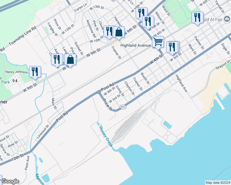 map of restaurants, bars, coffee shops, grocery stores, and more near 3499 Union Street in Trainer