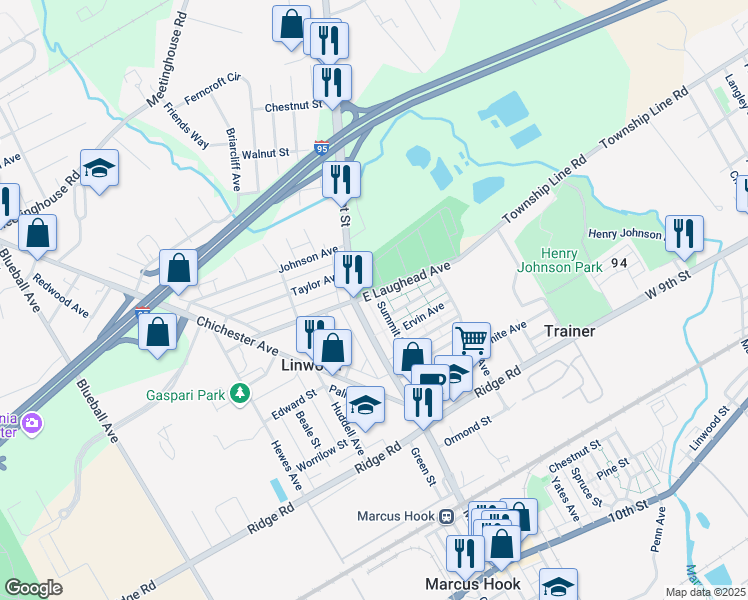 map of restaurants, bars, coffee shops, grocery stores, and more near 1592 Summit Street in Marcus Hook