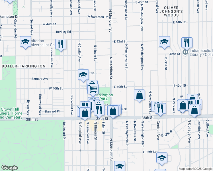 map of restaurants, bars, coffee shops, grocery stores, and more near 3951 North Meridian Street in Indianapolis