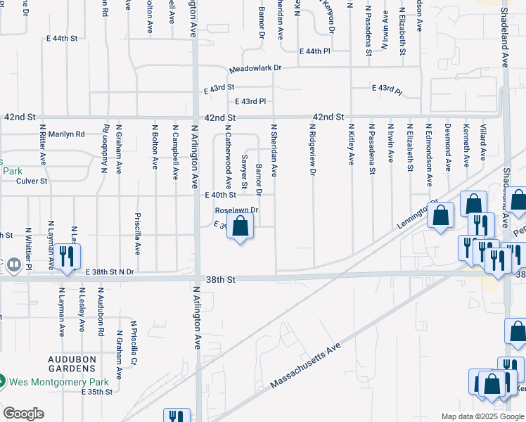 map of restaurants, bars, coffee shops, grocery stores, and more near 3919 Barnor Drive in Indianapolis