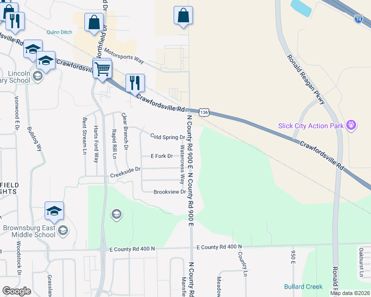 map of restaurants, bars, coffee shops, grocery stores, and more near 1871 East Fork Drive in Brownsburg
