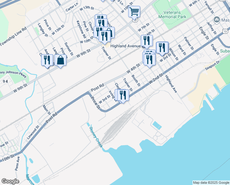 map of restaurants, bars, coffee shops, grocery stores, and more near 3321 West 3rd Street in Trainer