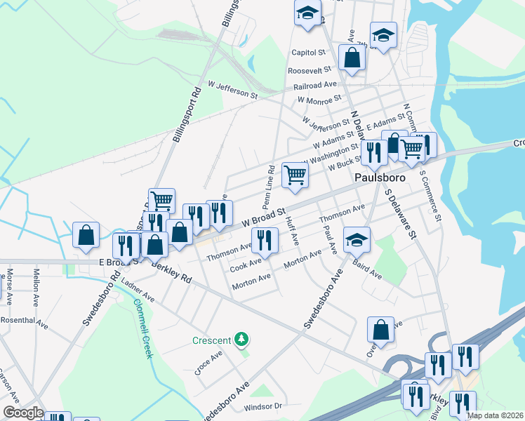 map of restaurants, bars, coffee shops, grocery stores, and more near 330 West Broad Street in Paulsboro
