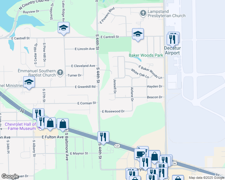 map of restaurants, bars, coffee shops, grocery stores, and more near 1249-1291 Jenell in Decatur