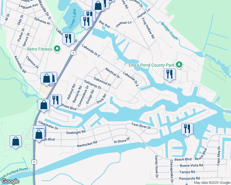 map of restaurants, bars, coffee shops, grocery stores, and more near 78 Saltspray Drive in Lacey Township
