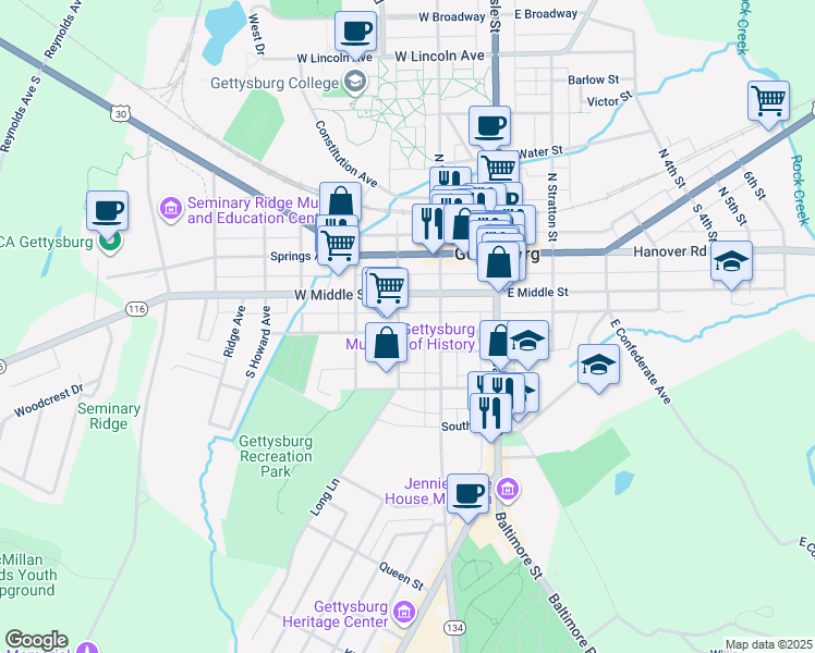 map of restaurants, bars, coffee shops, grocery stores, and more near 143 West High Street in Gettysburg