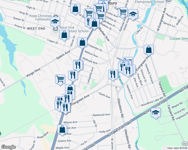 map of restaurants, bars, coffee shops, grocery stores, and more near in Woodbury