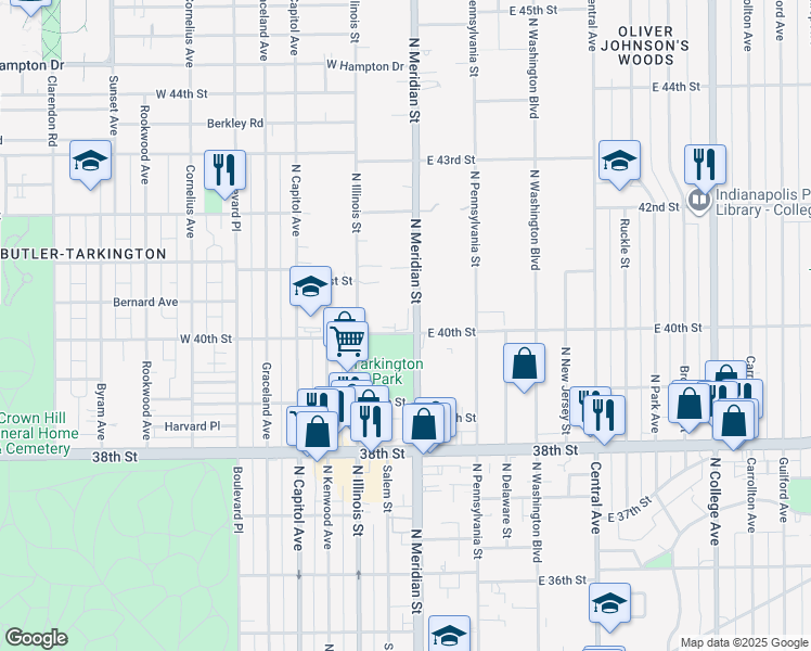map of restaurants, bars, coffee shops, grocery stores, and more near 3951 North Meridian Street in Indianapolis