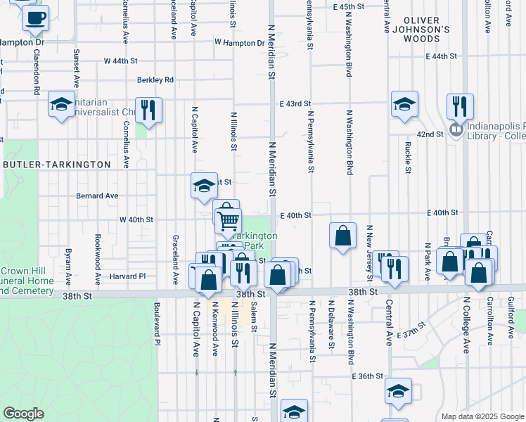 map of restaurants, bars, coffee shops, grocery stores, and more near 3951 North Meridian Street in Indianapolis