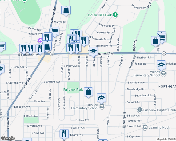 map of restaurants, bars, coffee shops, grocery stores, and more near 2021 North 21st Street in Springfield