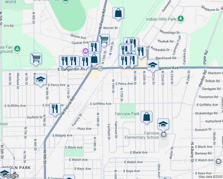 map of restaurants, bars, coffee shops, grocery stores, and more near 2011 North 16th Street in Springfield