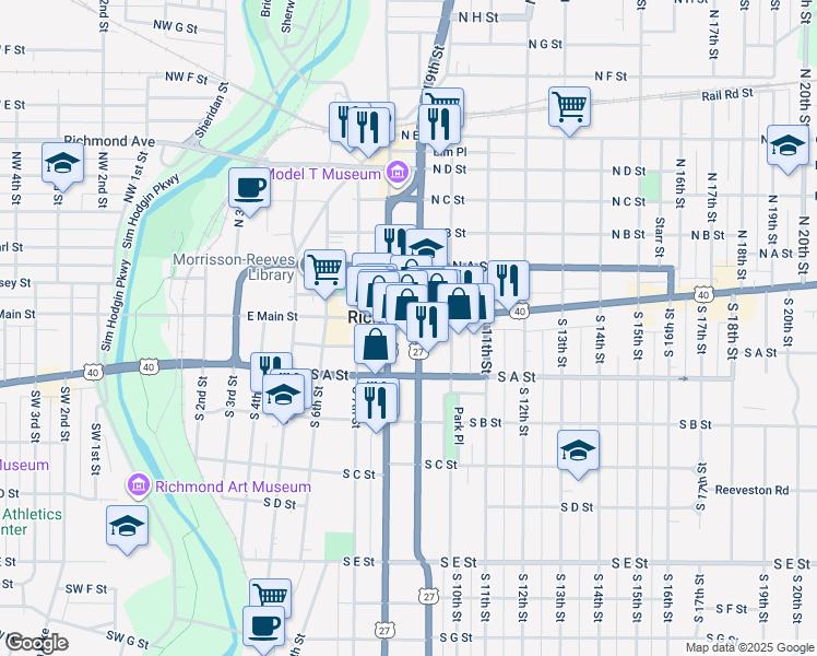map of restaurants, bars, coffee shops, grocery stores, and more near 825 East Main Street in Richmond