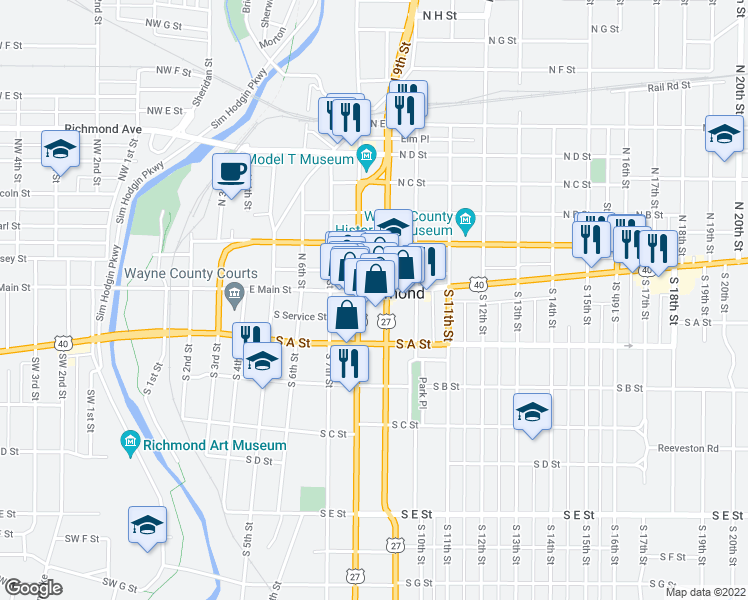 map of restaurants, bars, coffee shops, grocery stores, and more near 821 East Main Street in Richmond