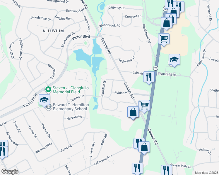 map of restaurants, bars, coffee shops, grocery stores, and more near 12 Sunset Drive in Voorhees Township
