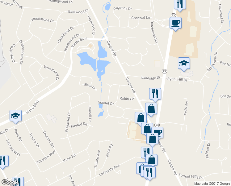 map of restaurants, bars, coffee shops, grocery stores, and more near 6 Sunset Drive in Voorhees Township