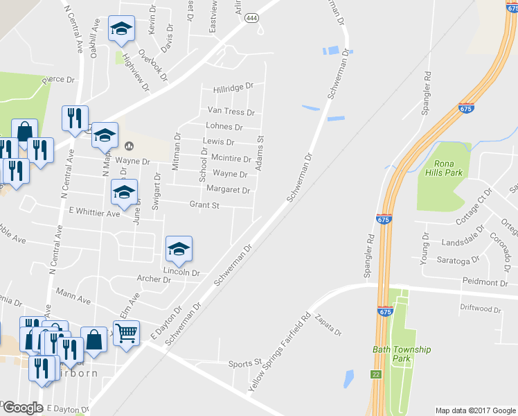 map of restaurants, bars, coffee shops, grocery stores, and more near 672 Adams Street in Fairborn