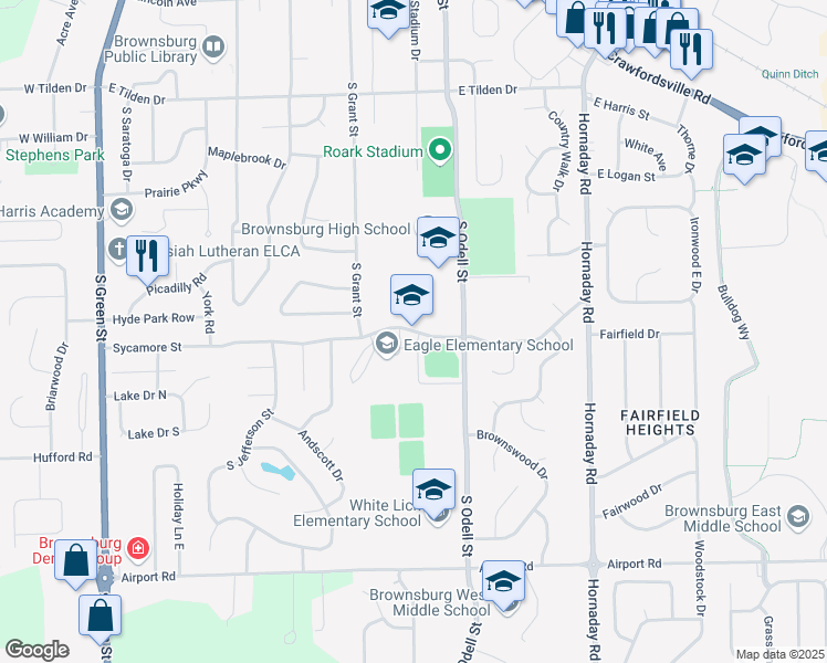 map of restaurants, bars, coffee shops, grocery stores, and more near 555 Sycamore Street in Brownsburg