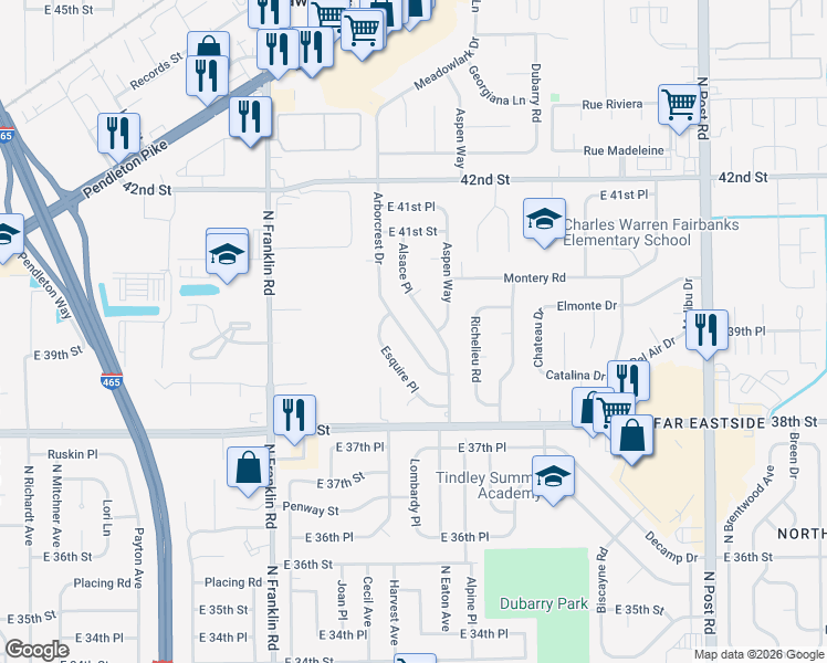 map of restaurants, bars, coffee shops, grocery stores, and more near 3985 Arborcrest Drive in Indianapolis