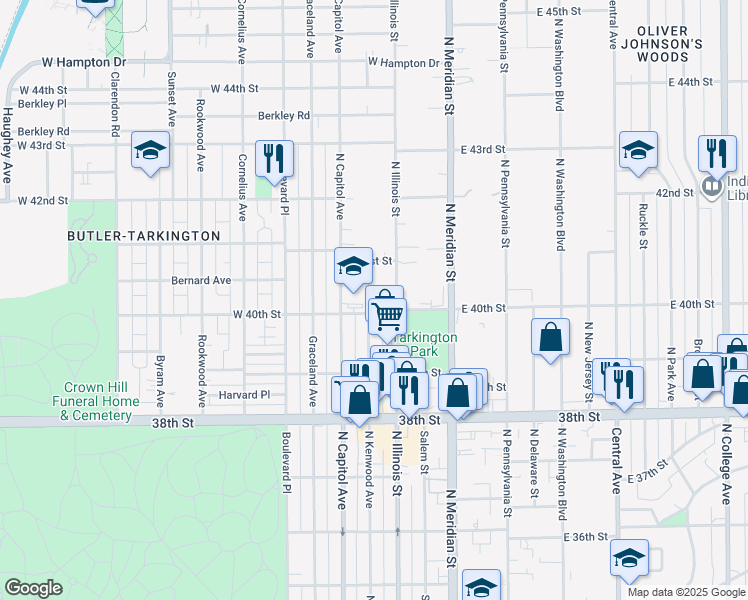 map of restaurants, bars, coffee shops, grocery stores, and more near 4040 North Illinois Street in Indianapolis