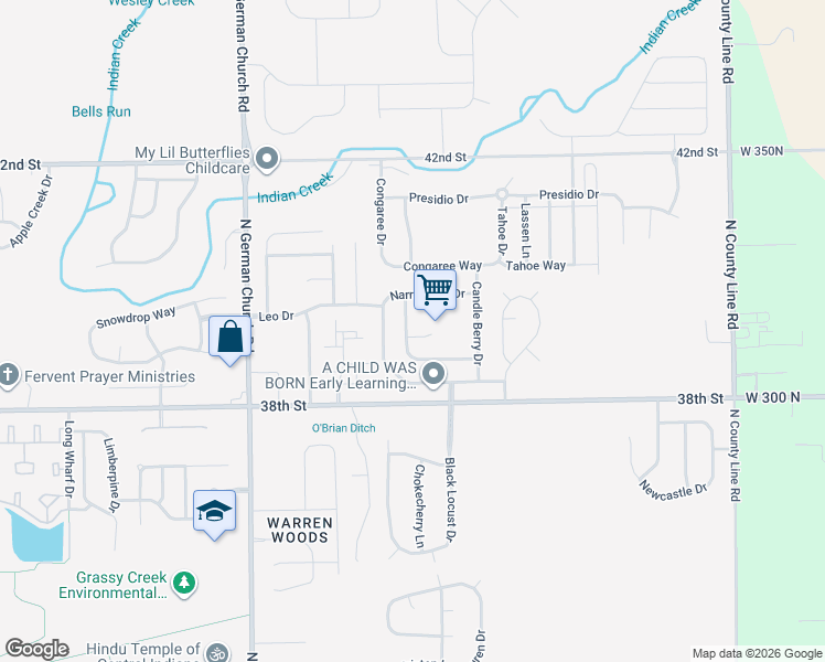 map of restaurants, bars, coffee shops, grocery stores, and more near 3952 Narrowleaf Court in Indianapolis