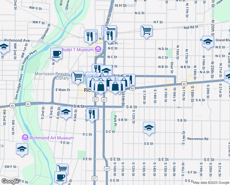 map of restaurants, bars, coffee shops, grocery stores, and more near 1003 East Main Street in Richmond