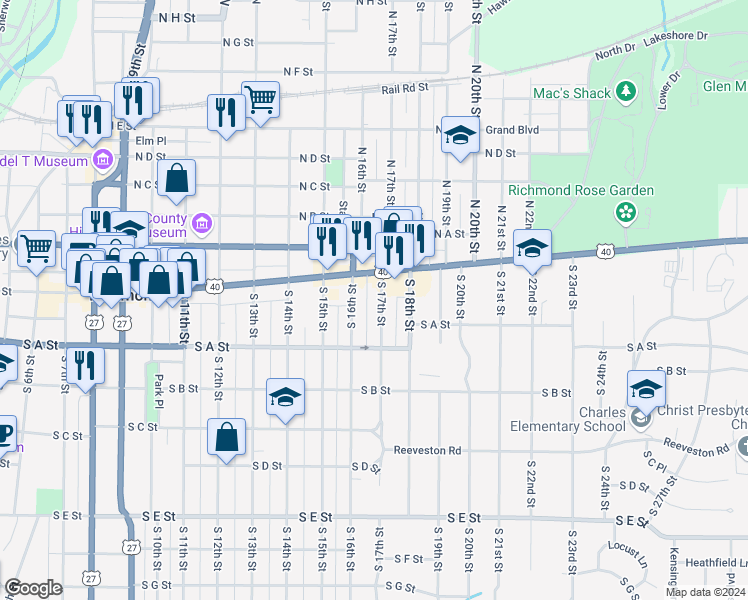 map of restaurants, bars, coffee shops, grocery stores, and more near 28 South 17th Street in Richmond
