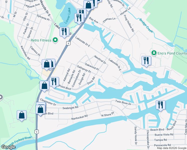 map of restaurants, bars, coffee shops, grocery stores, and more near 123 Oakwood Place in Lacey Township
