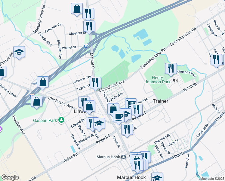 map of restaurants, bars, coffee shops, grocery stores, and more near 132 Fronefield Avenue in Linwood
