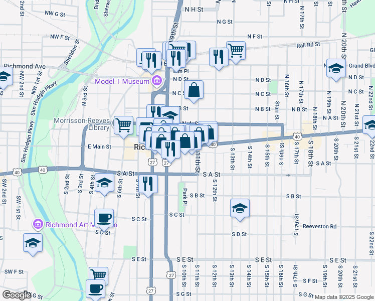 map of restaurants, bars, coffee shops, grocery stores, and more near 1015 East Main Street in Richmond
