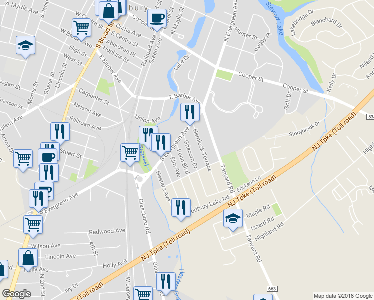 map of restaurants, bars, coffee shops, grocery stores, and more near 435 Griscom Drive in Woodbury