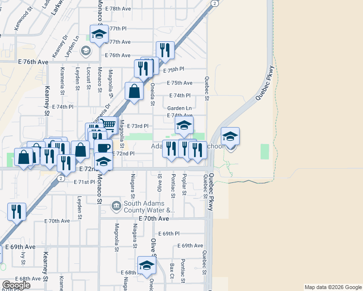 map of restaurants, bars, coffee shops, grocery stores, and more near 7133 East 73rd Avenue in Commerce City