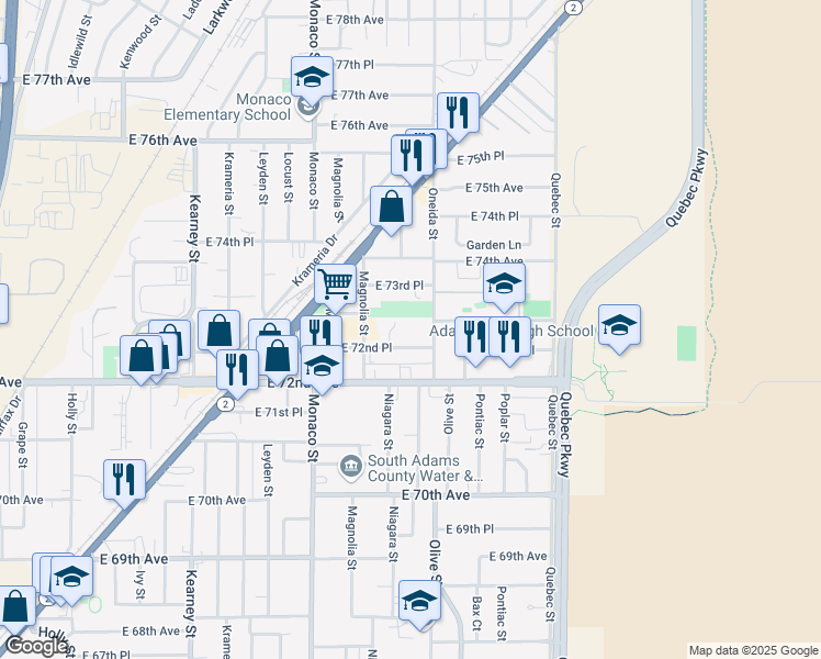 map of restaurants, bars, coffee shops, grocery stores, and more near 6850 East 73rd Place in Commerce City