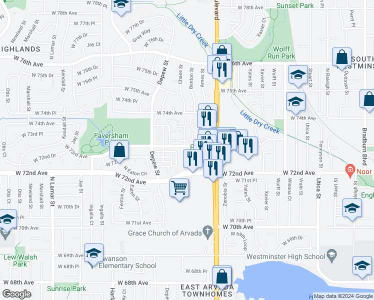 map of restaurants, bars, coffee shops, grocery stores, and more near 7364 Ames Court in Westminster