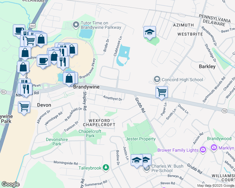 map of restaurants, bars, coffee shops, grocery stores, and more near in New Castle County