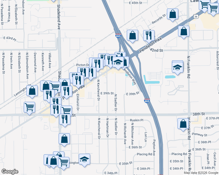 map of restaurants, bars, coffee shops, grocery stores, and more near 3947 North Hartman Drive in Indianapolis